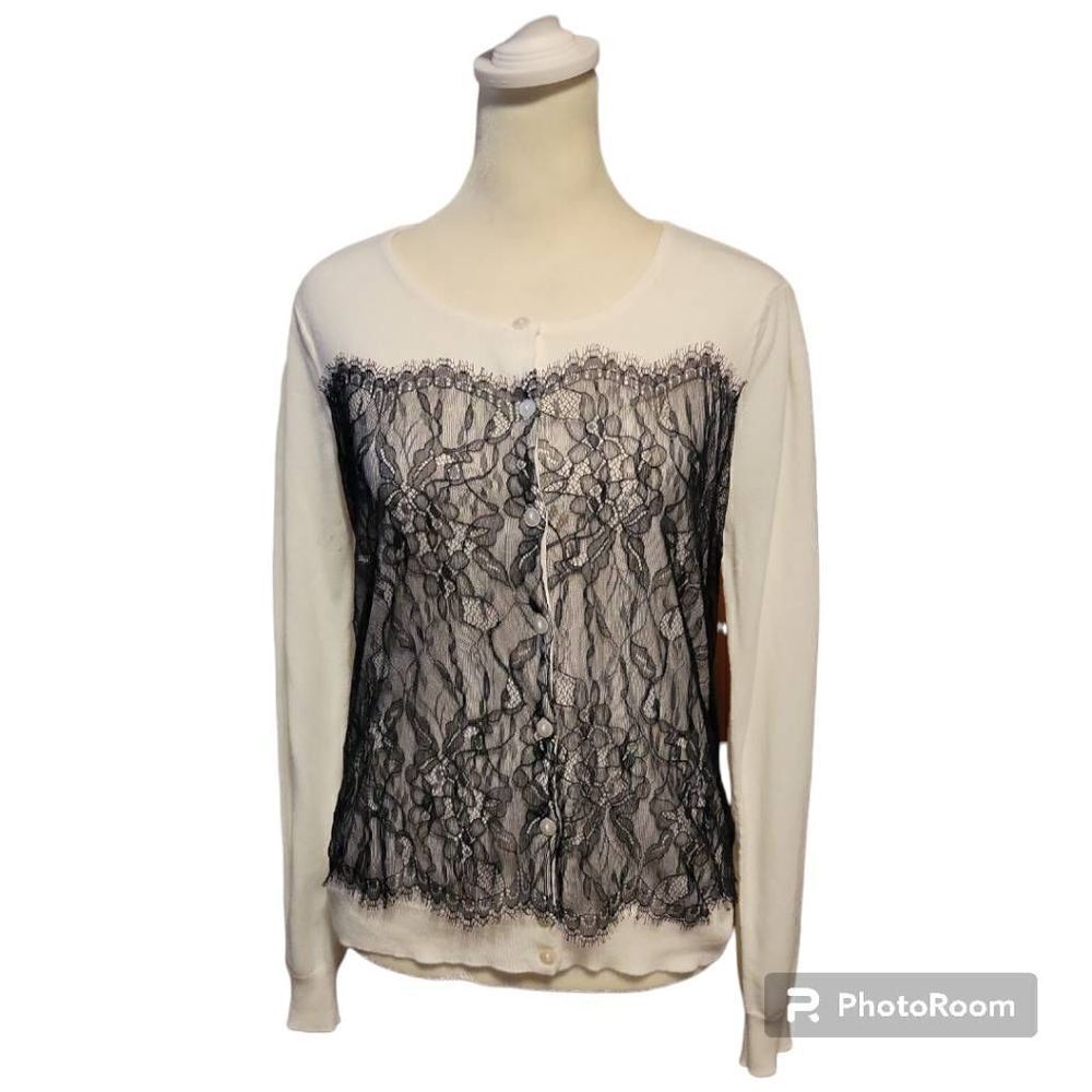 New York & Company Women's White Button Up Sweater with Black Lace Size Medium